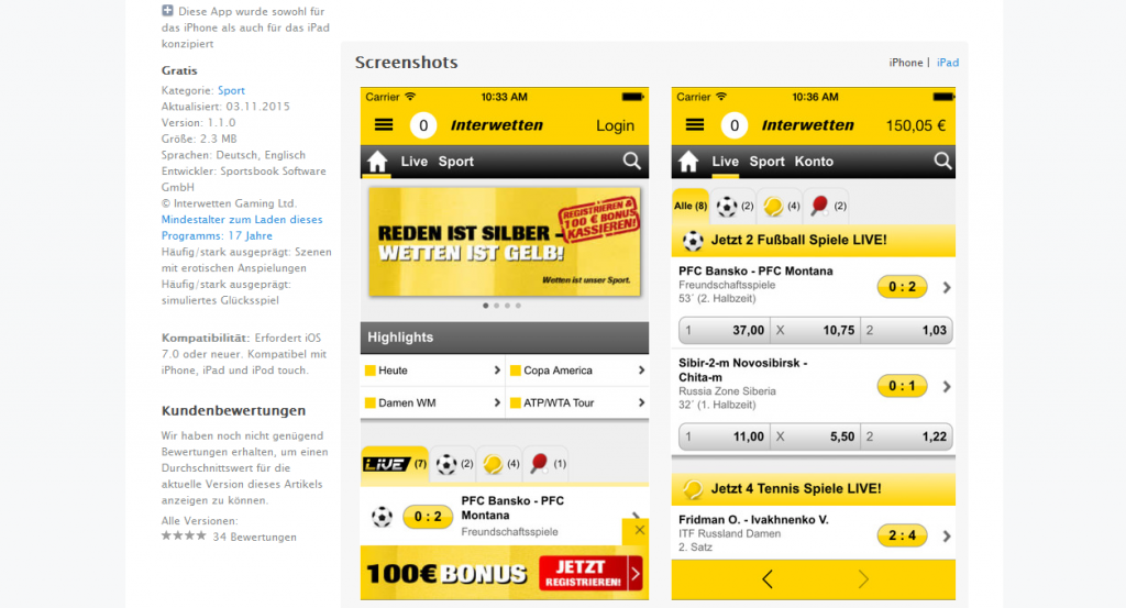 Das Design der Interwetten App ist klar und leicht verständlich (Quelle: Interwetten)