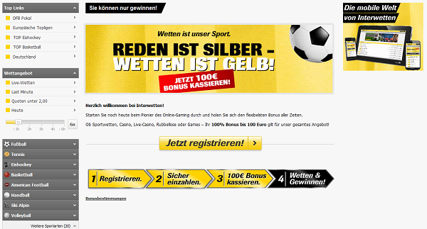 Bei dem Willkommensbonus handelt es sich um einen 100 % Bonus bis zu 100 Euro (Quelle: Interwetten)