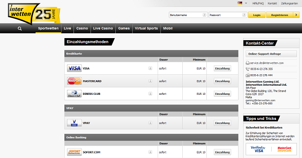 Interwetten bietet mobil mehr als sieben Zahlungsmethoden an (Quelle: Interwetten)