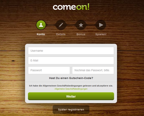 Mit ein paar Angaben schnell ein Wettkonto bei ComeOn anlegen (Quelle: ComeOn)