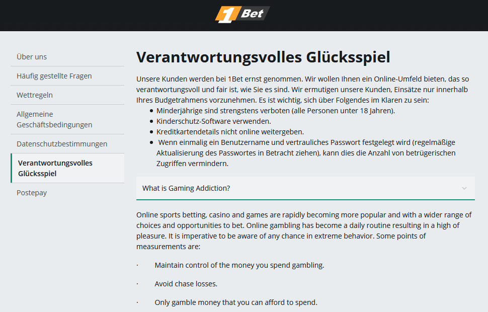 Spielerschutz von 1Bet