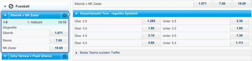 Die Livewetten-Oberfläche von Sportingbet (Quelle: Sportingbet)