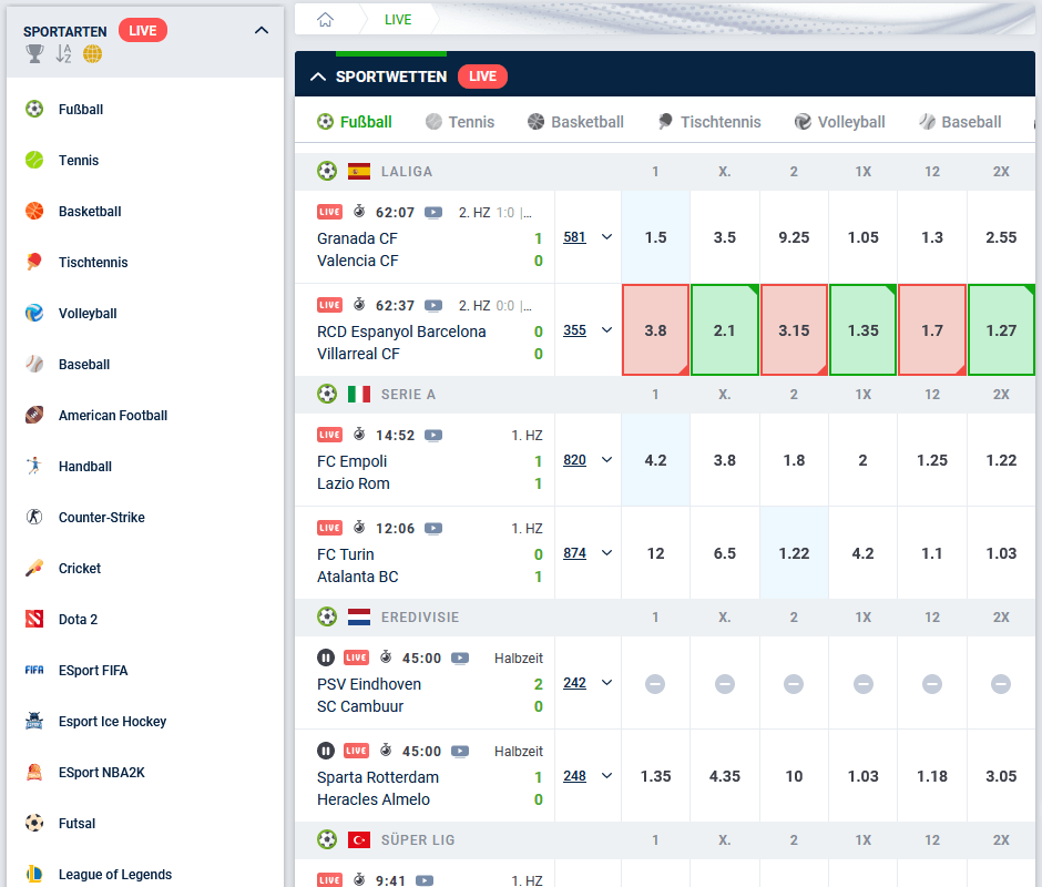 Livewetten von 20bet