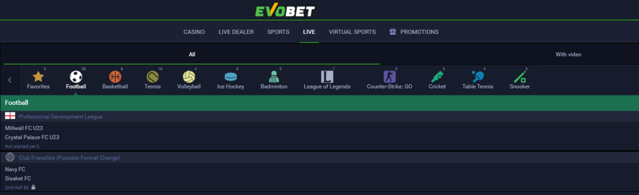 Evobet Live betting