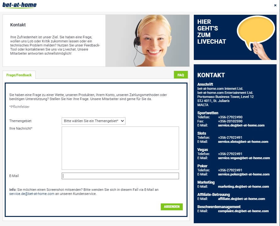 Kontaktaufnahme bei bei bet-at-home