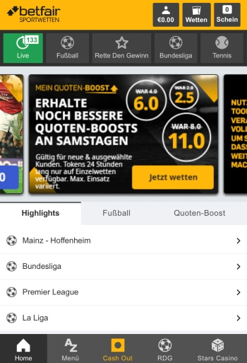 Die mobile App von Betfair