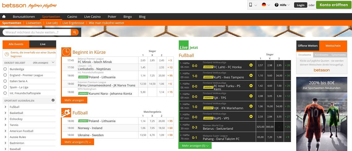 Betsson Website Übersicht