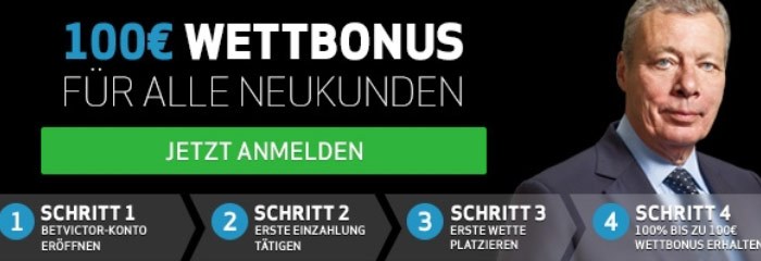 100% bis 100 € können sich BetVictor Neukunden sichern (Quelle: BetVictor)