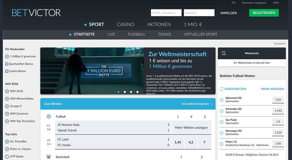 BetVictor Website Übersicht