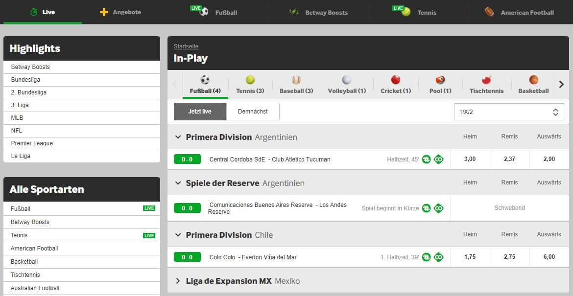 Livewetten von Betway