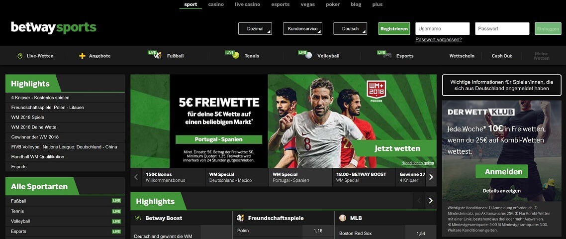 betway Website Übersicht