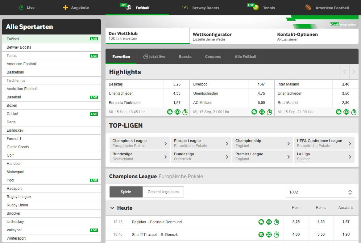 Wettangebot von Betway