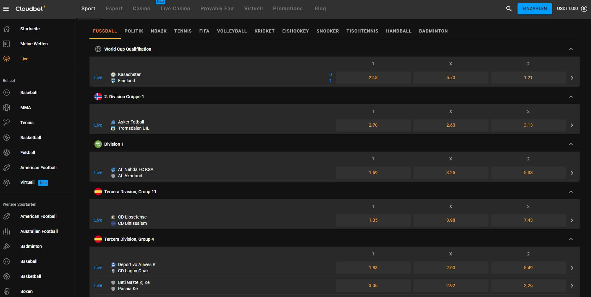 Livewetten von Cloudbet