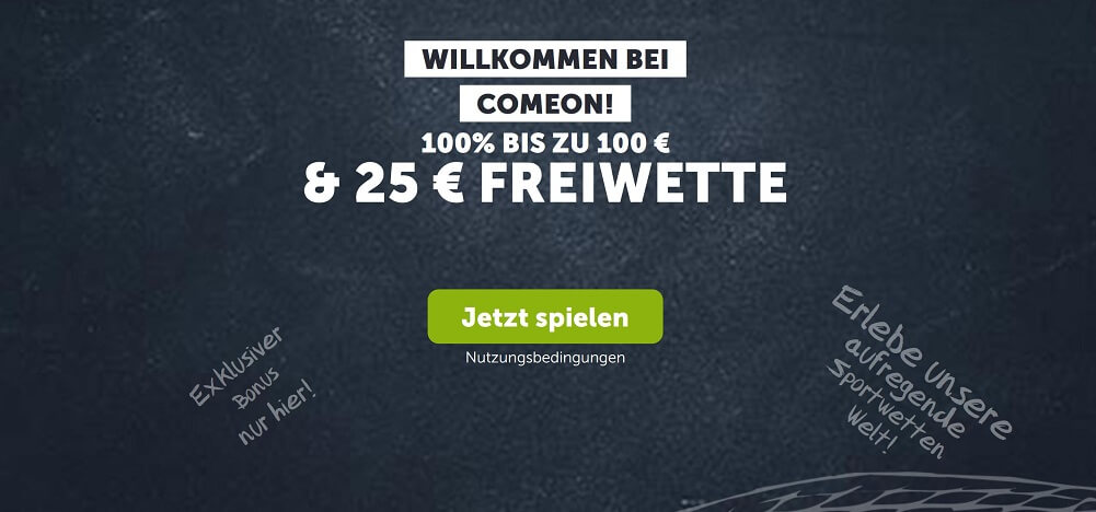 ComeOn gewährt auf die erste Einzahlung bis zu 100€ Bonus und schenkt neuen Spielern eine 25€ Gratiswette (Quelle: ComeOn)