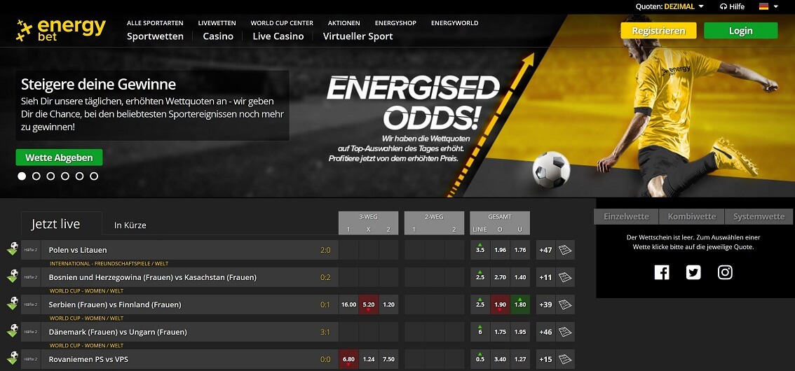 Energybet Website Übersicht