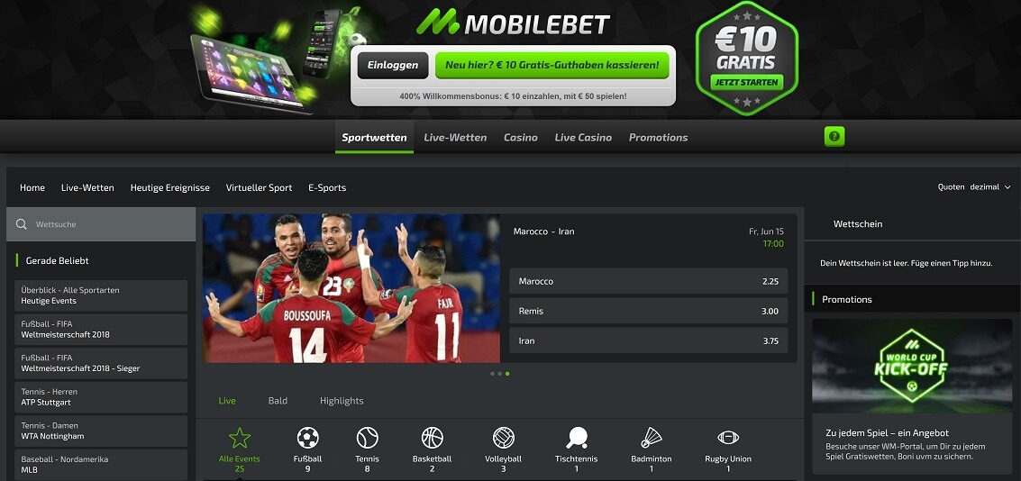 Mobilebet Website Übersicht