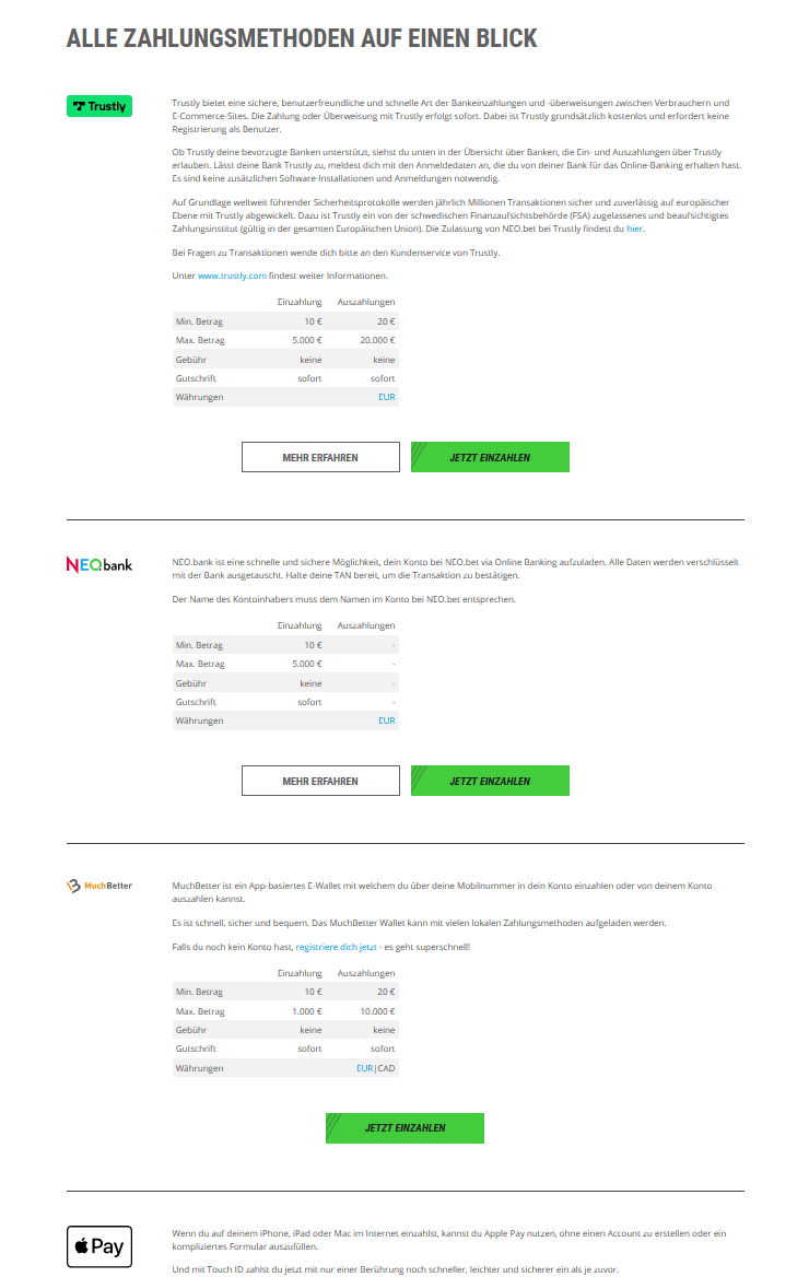 Zahlungsmethoden von NEO.bet