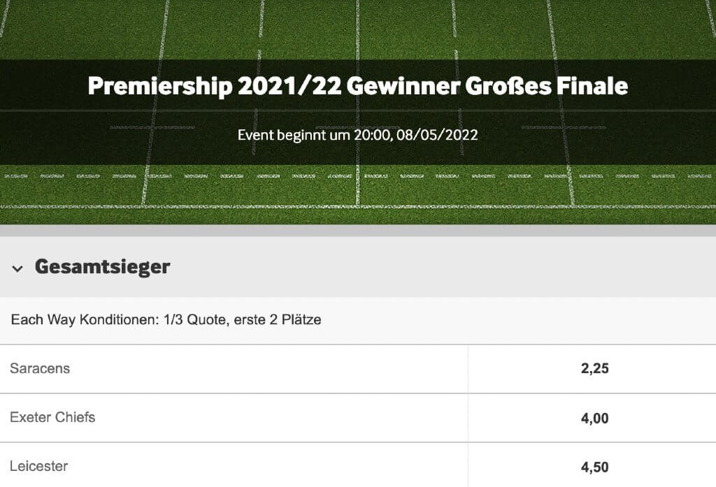 Eine Rugby Premiership Wette bei Betway