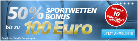 Beispielsweise erhalten Neukunden bei Sportingbet einen Bonus von 50% bis zu 100 € (Quelle: Sportingbet)