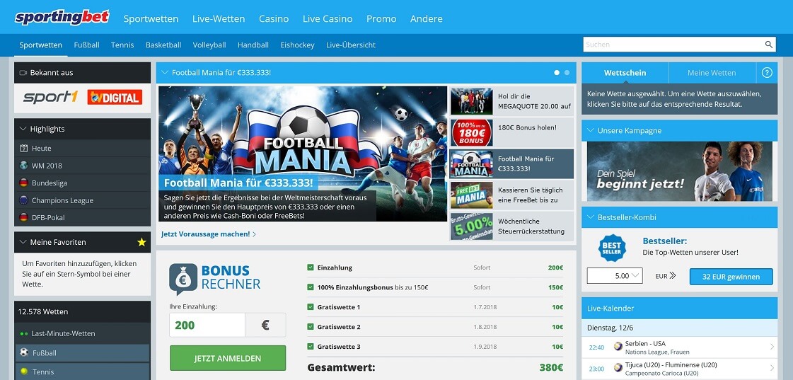 Sportingbet Website Übersicht