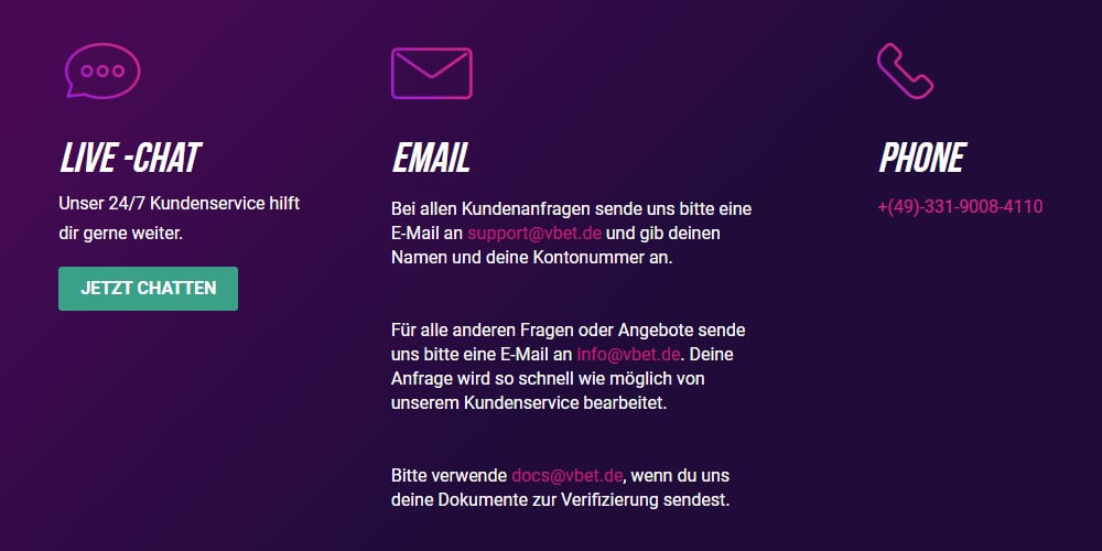 Kundenservice von VBET